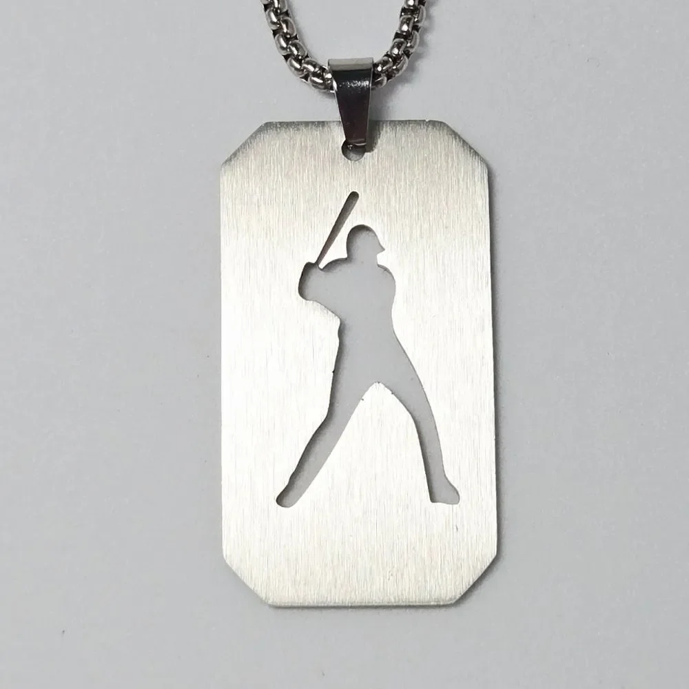 Silver Baseball Player Dog Tag Necklace Cutout Batter 24” Stainless Steel Gift